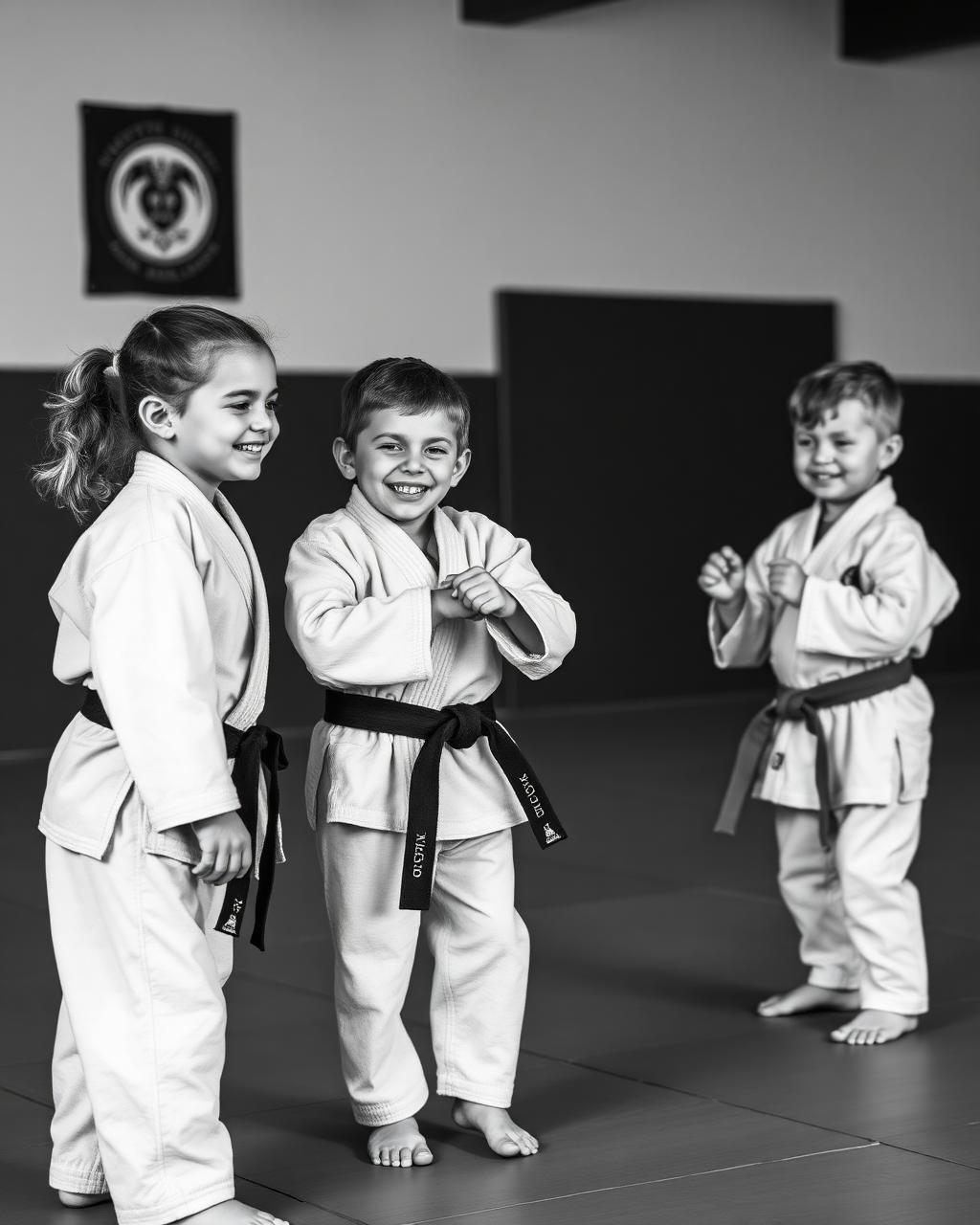 Criança de kimono sorrindo durante a aula de Jiu-Jitsu infantil na Helix Gym